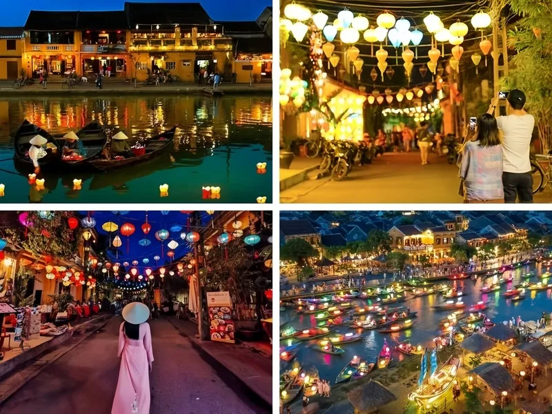 Phố cổ Hội An về đêm với đèn lồng, hoa đăng và thuyền trên sông